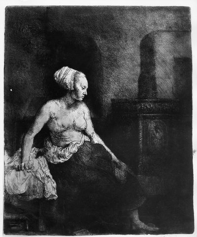 Donna seduta mezza vestita accanto a una stufa, 1658 da Rembrandt van Rijn